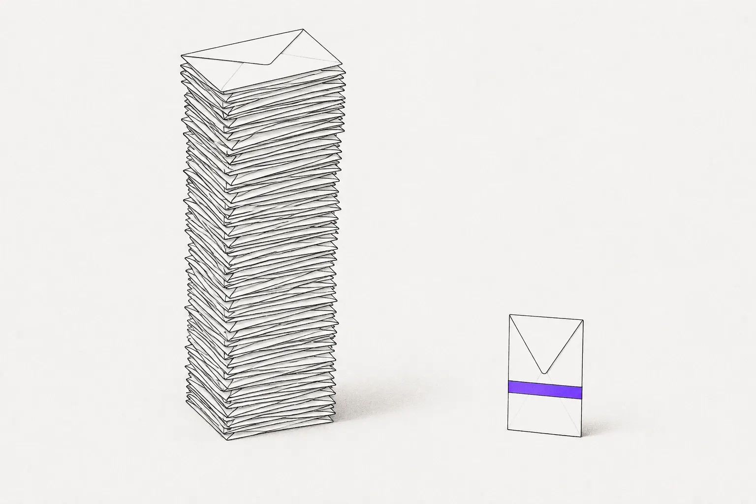 A tall stack of identical envelopes beside a single envelope standing on its own with a violet band across it.