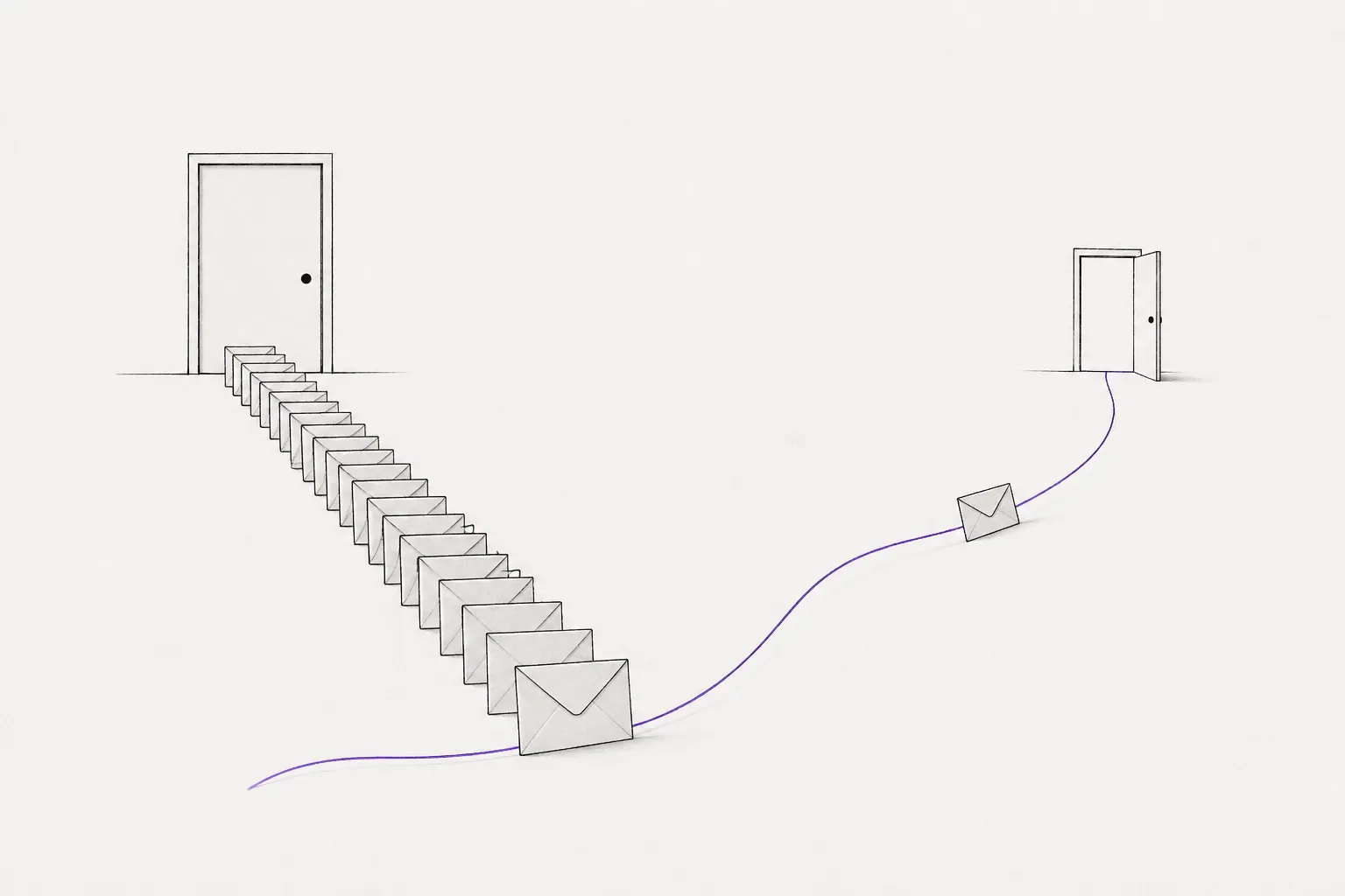A long queue of envelopes waiting at a closed door while one envelope follows a violet thread to a second door standing open.