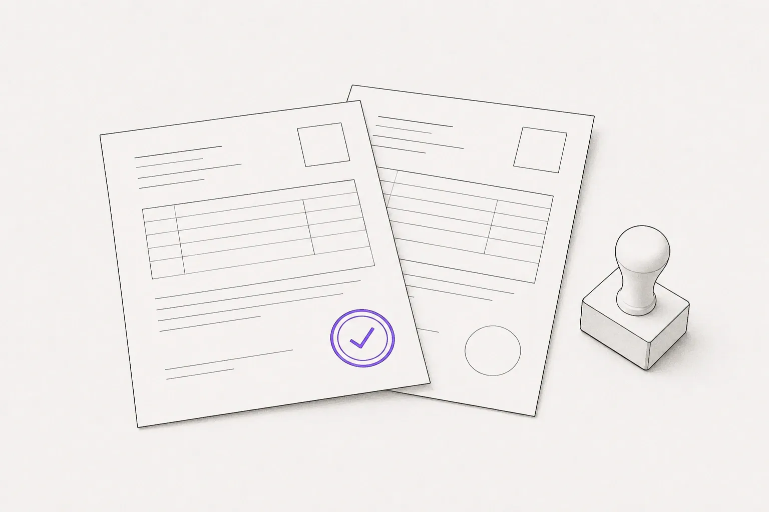 Two official forms lying beside a stamp. One carries a violet stamp mark; the other has an empty circle where the mark would go.