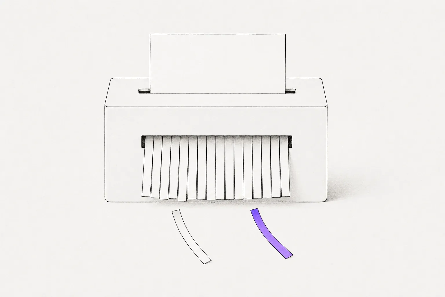A sheet of paper feeding into a plain machine and coming out the other side as separated strips, two of which have fallen away.