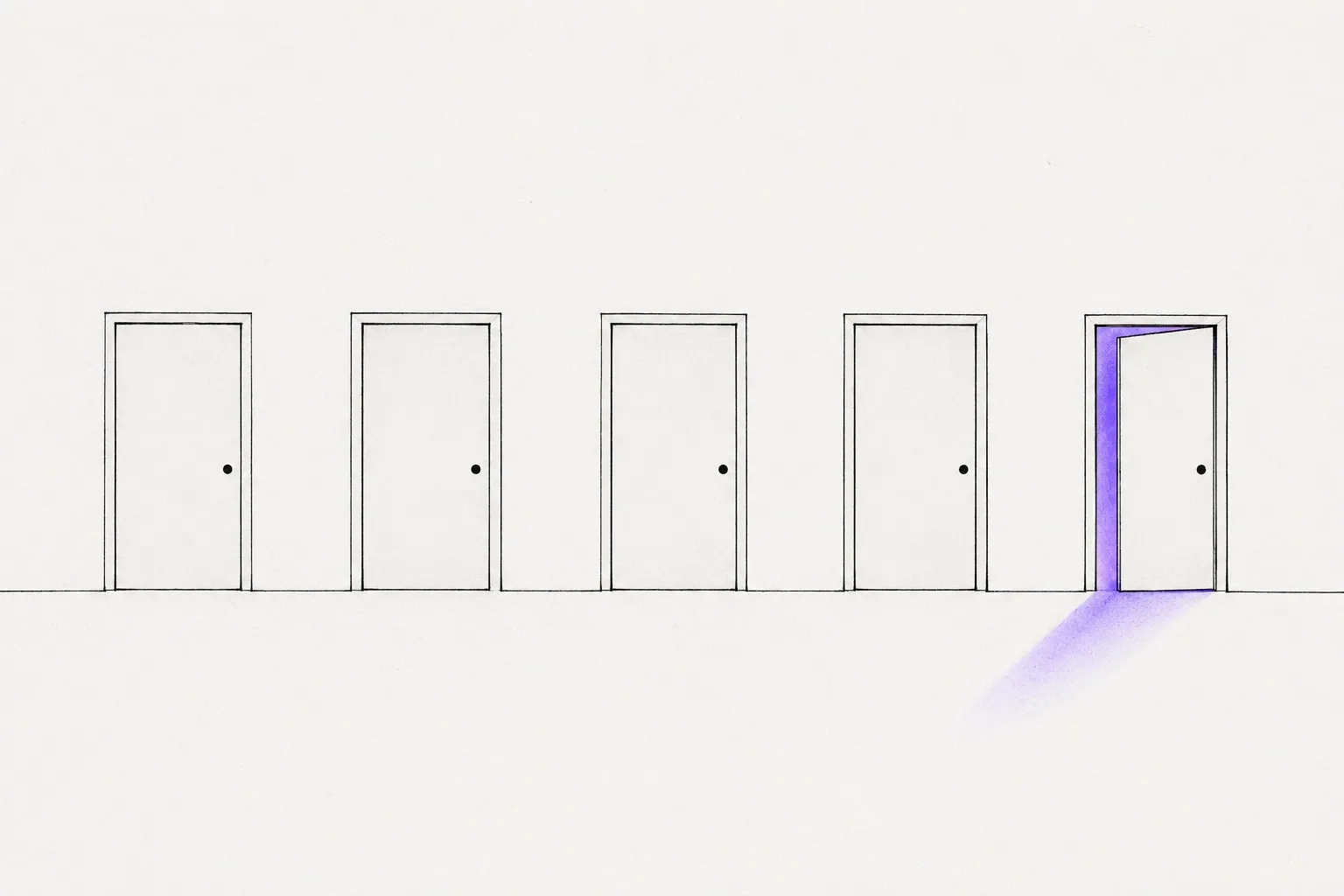 Five plain doors set into a pale wall. Four are closed; the last stands open with violet light spilling across the floor.