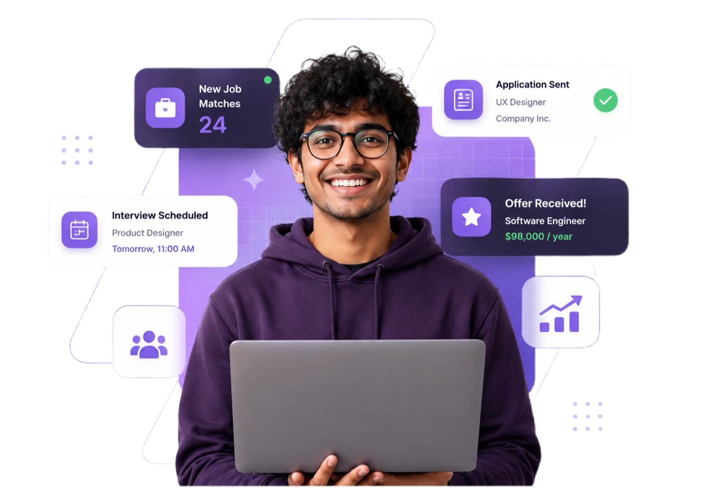 A smiling Horabbit user holding a laptop, surrounded by cards showing new job matches, a scheduled interview, an application sent, and an offer received.